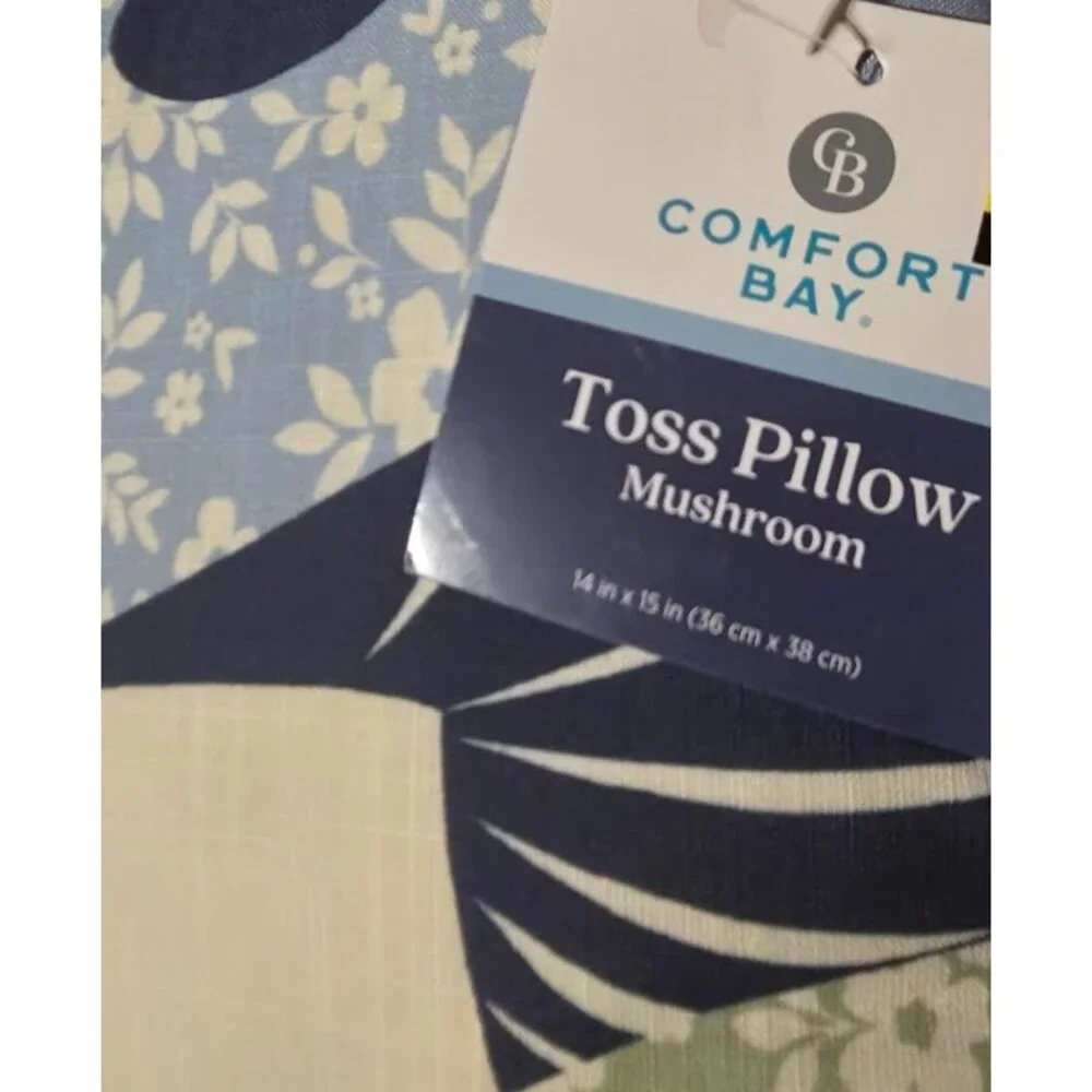 Comfort Bay Toss Pillow Blue & Green  Floral Mushrooms 14 